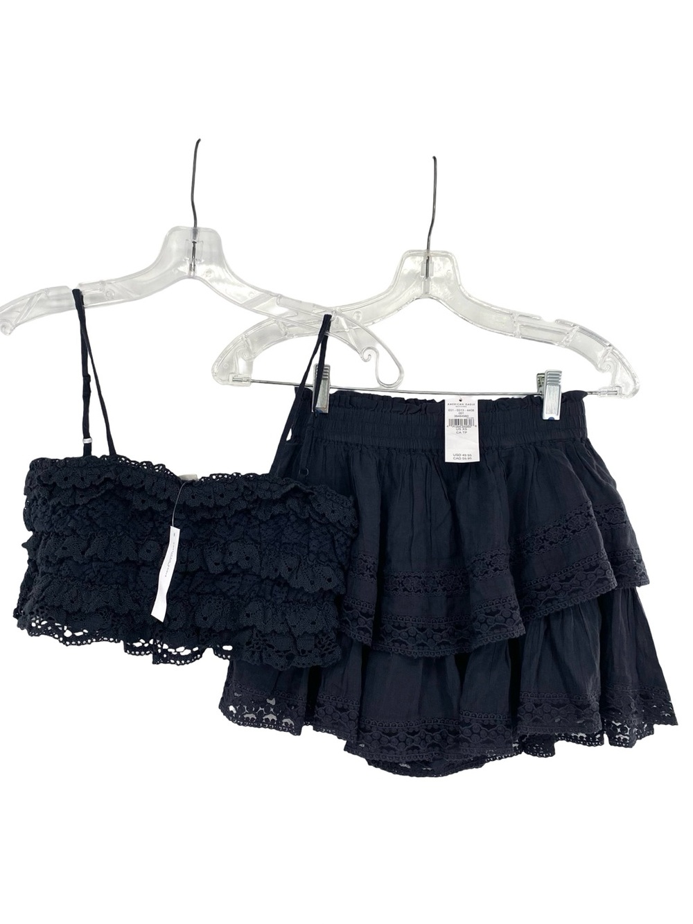 American Eagle Black Lace Tiered Crop Tank Top and Mini Skort Set New
